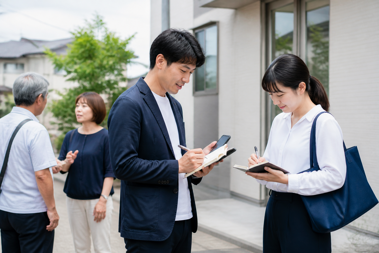 地域活動を終え、住民から聞いた内容をスマートフォンとノートに記録する様子
