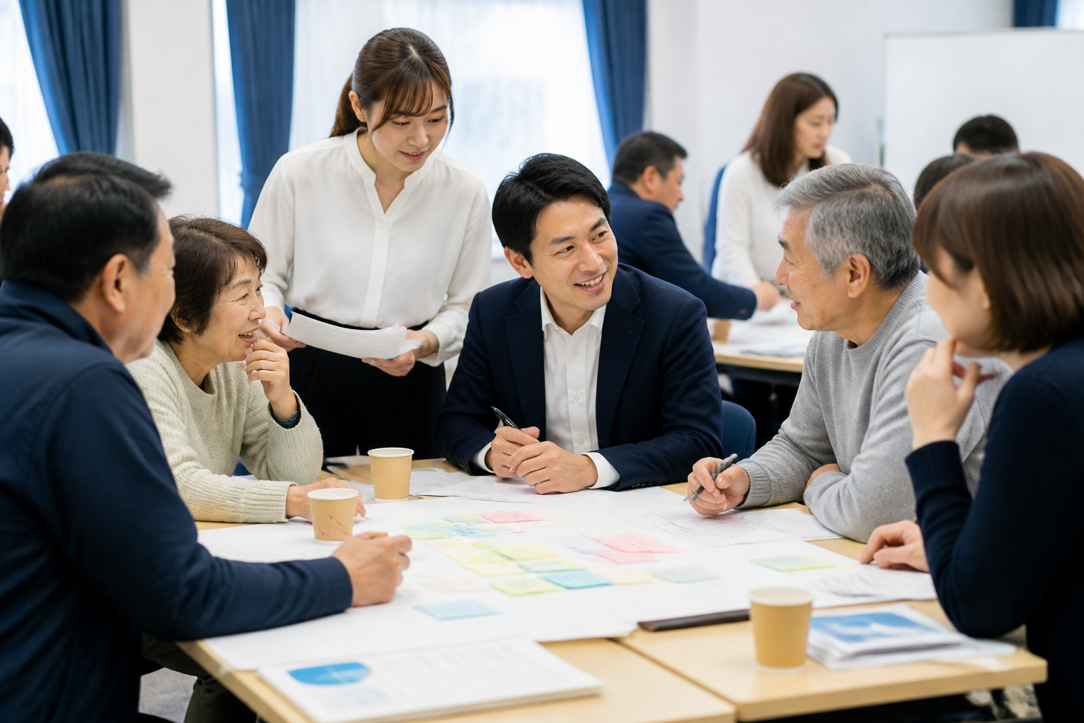 地域会議室で幅広い年代の住民から意見を聞き、課題を整理する候補者とスタッフ