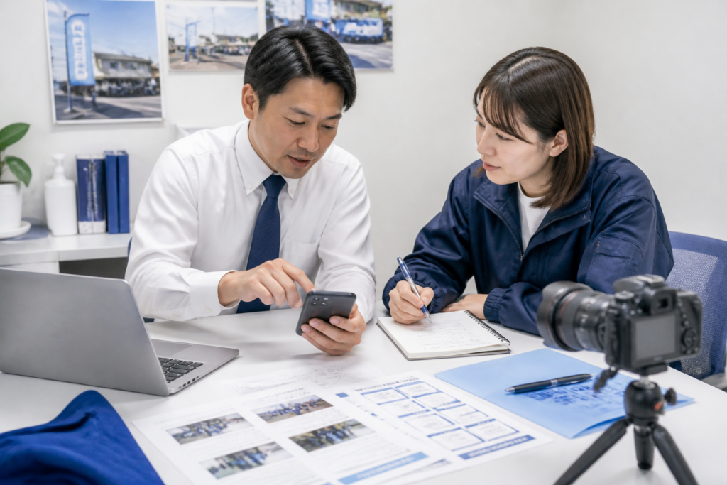 補欠選挙に向けてスマートフォンとパソコンでSNS投稿計画を確認する候補予定者と広報スタッフ
