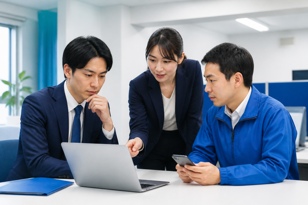 候補者と政党スタッフがSNS投稿計画を確認する選挙事務所