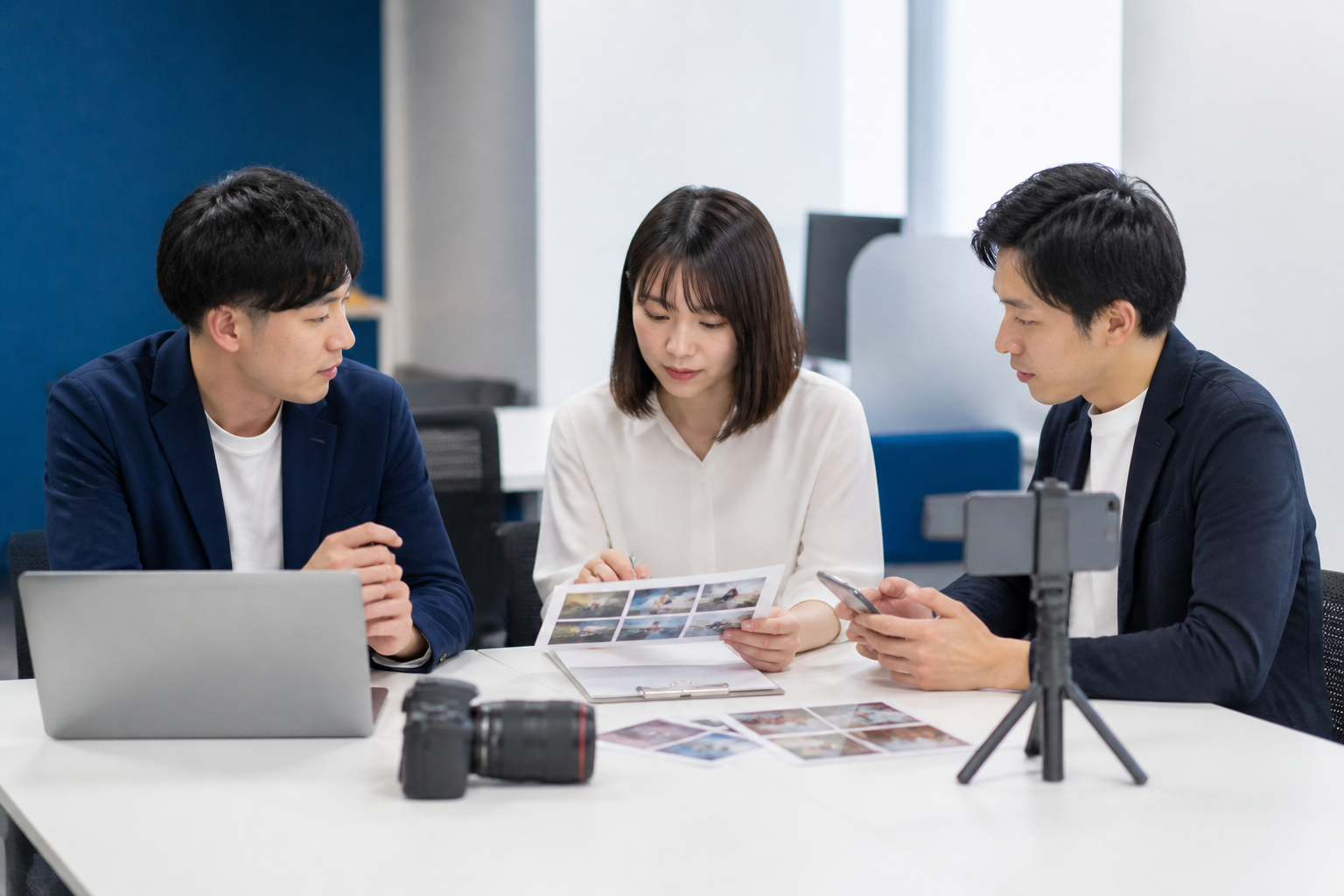 SNSの投稿素材と運用担当を整理する広報スタッフ