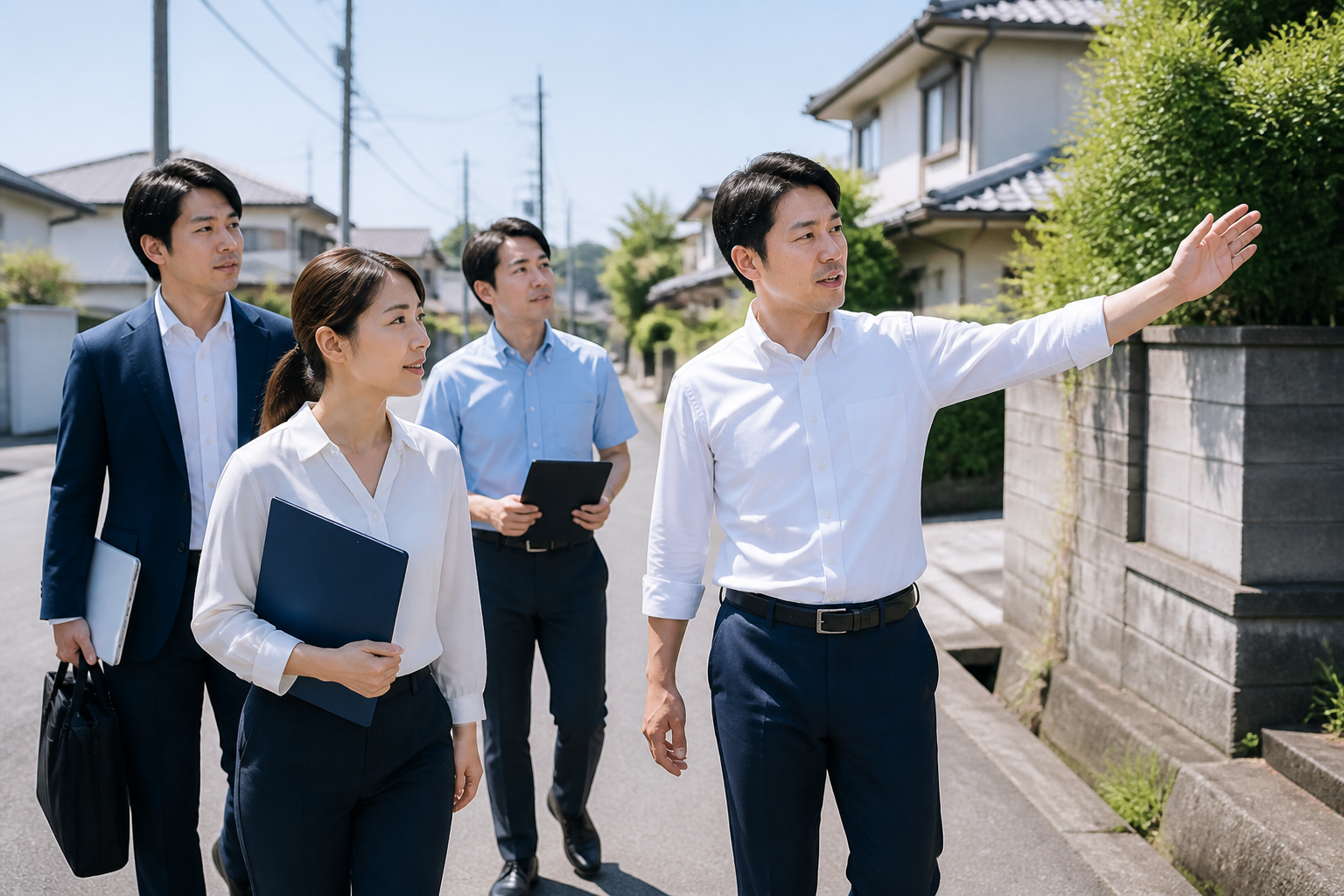 住宅街を歩きながら地域の生活環境を確認する地方議員とスタッフ