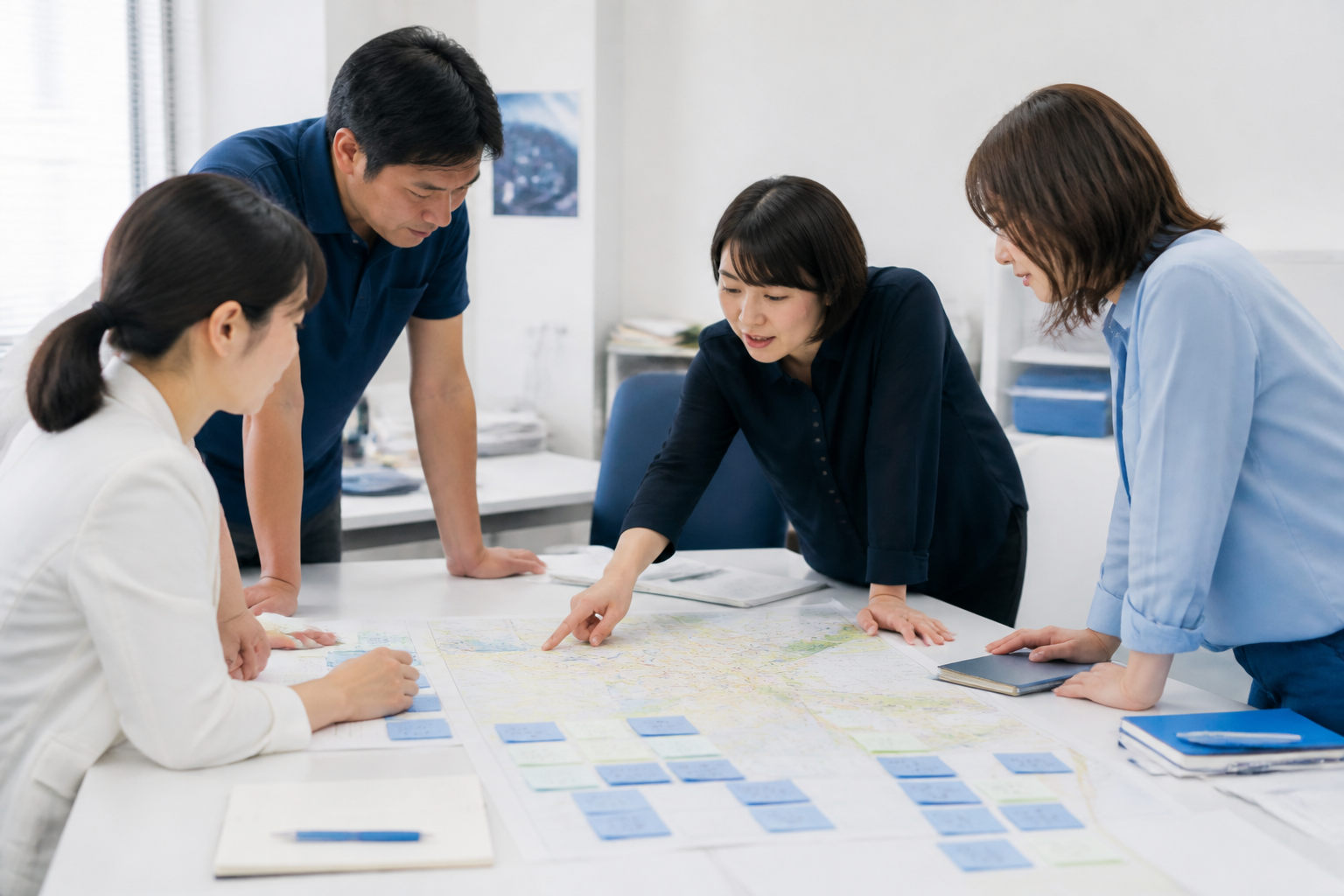 地図を見ながら地域別のSNS発信テーマを整理する事務所スタッフ