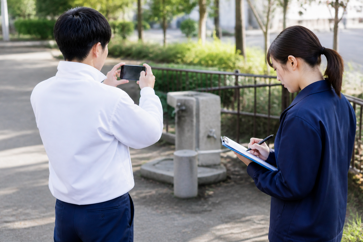 公園設備を撮影して生活課題の状況を記録するスタッフ