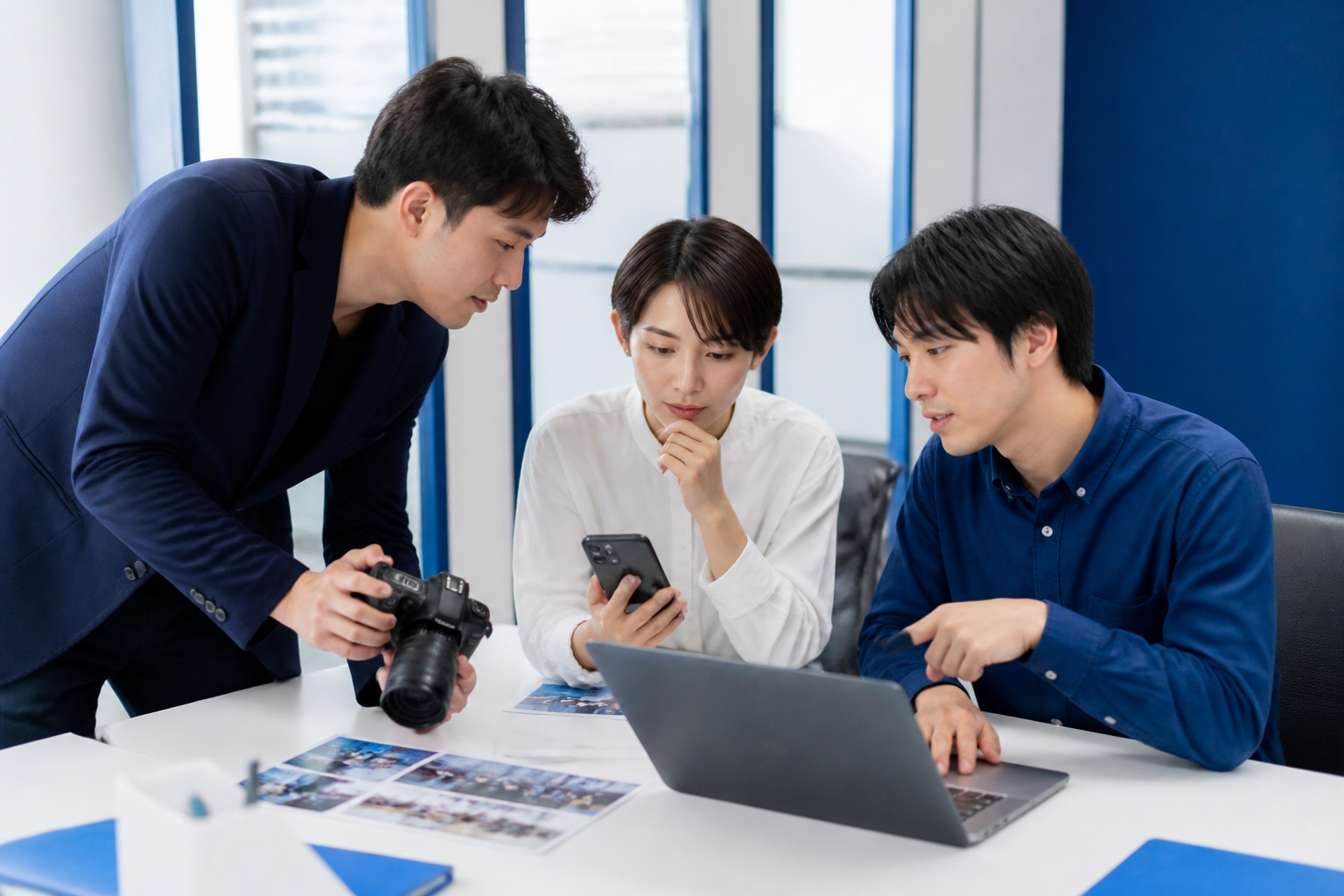 写真や短尺動画を確認しながらSNS投稿を制作する広報スタッフ