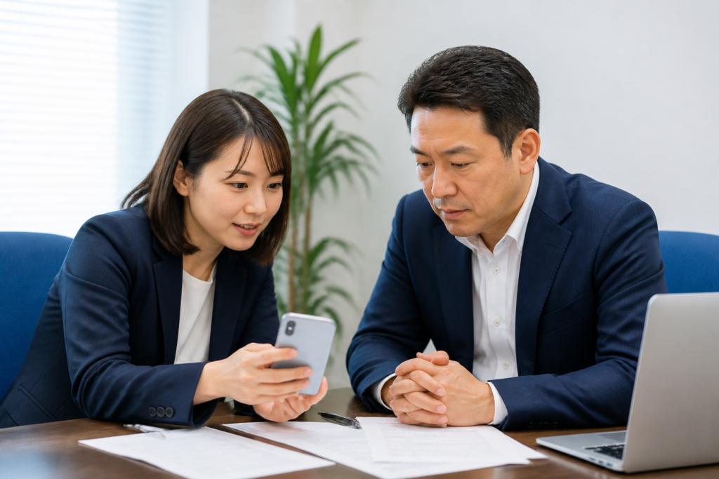 議会質問の原稿を確認しながら住民向けSNS投稿を検討する地方議員と広報担当者