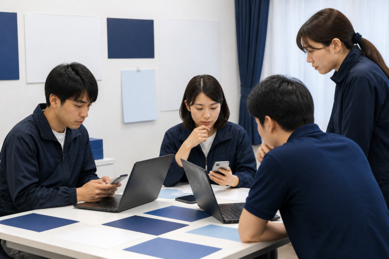 選挙運動期間に合わせたSNS投稿計画を確認する日本の広報スタッフ