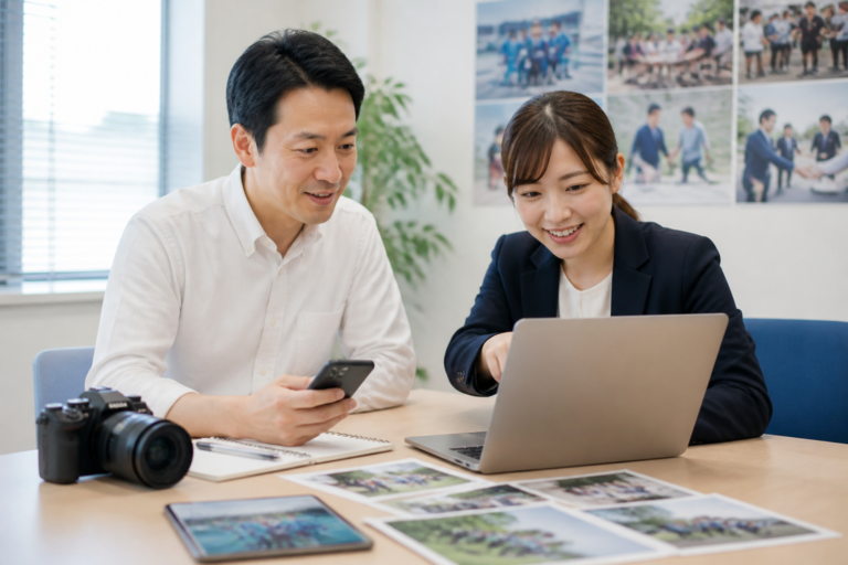 告示前にSNS投稿用の写真や動画を整理する地方議員と事務所スタッフ