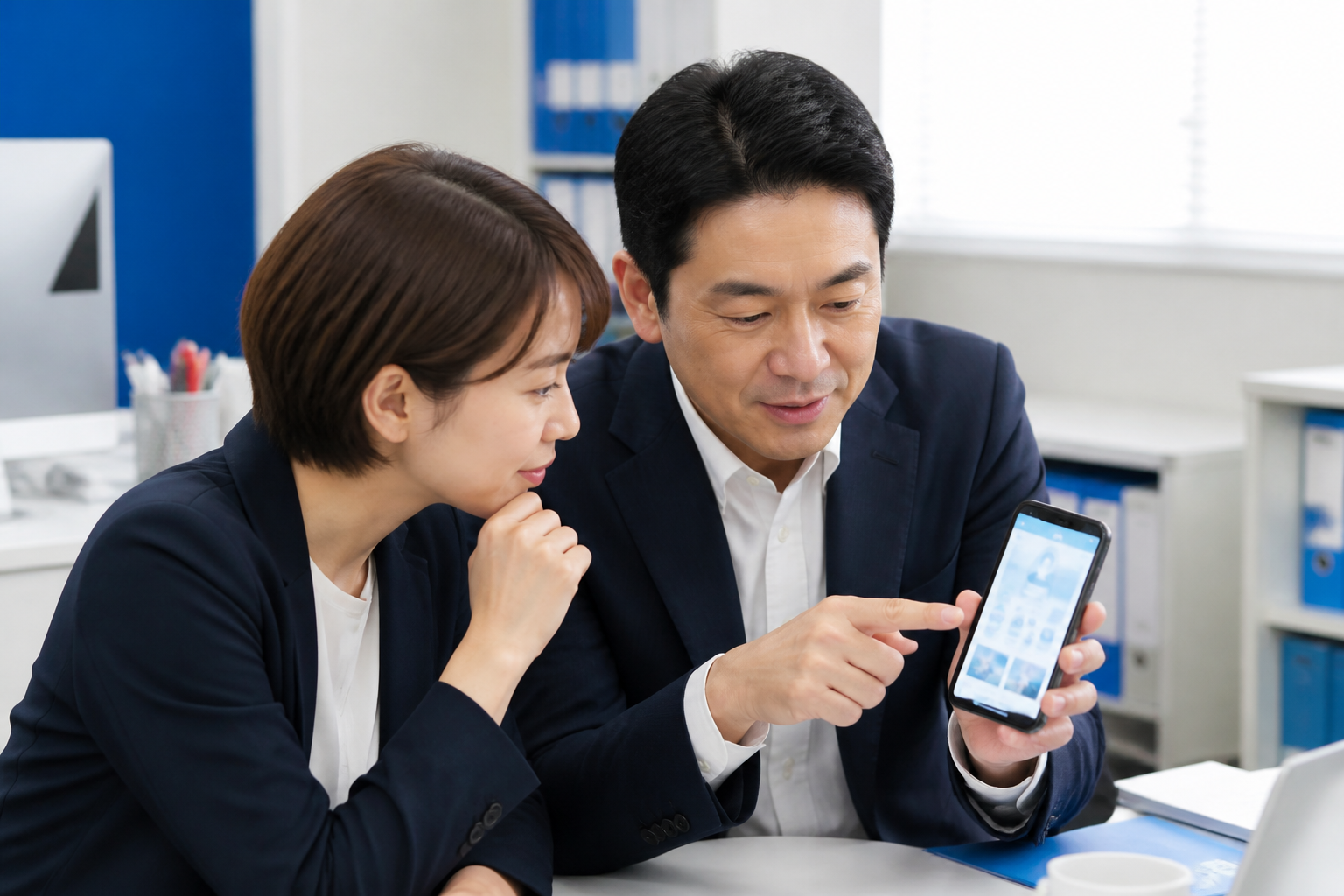 SNSのプロフィールと固定投稿を確認する議員とスタッフ