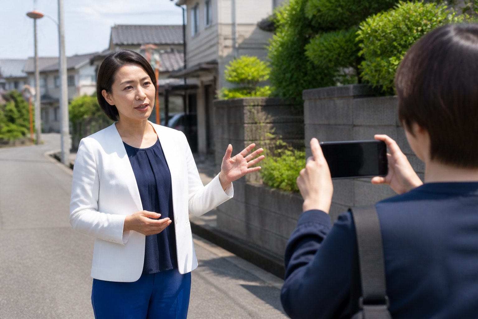 地域の現場で説明動画を撮影する地方議員とスタッフ