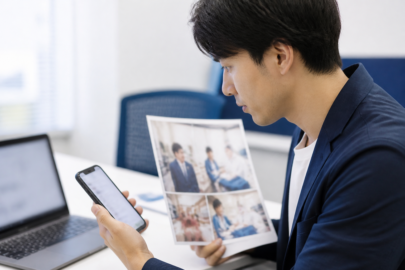 SNSの投稿履歴と活動記録を見比べる広報スタッフ