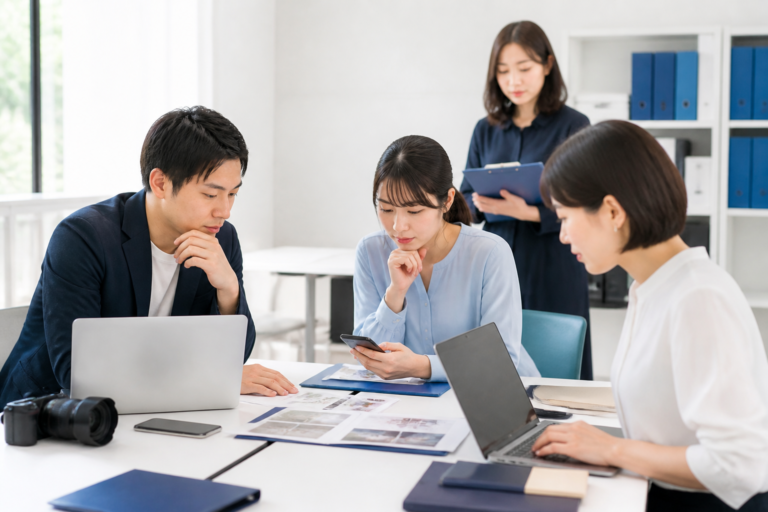 地方議員事務所でSNS発信に必要な資料と写真・動画素材を確認する広報担当者