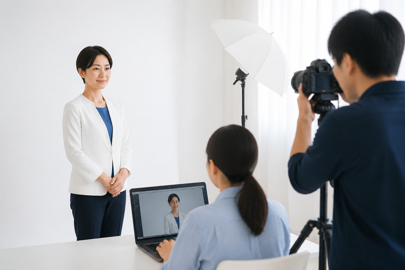 プロフィール写真を撮影し用途別の画像を確認する政治活動の広報スタッフ