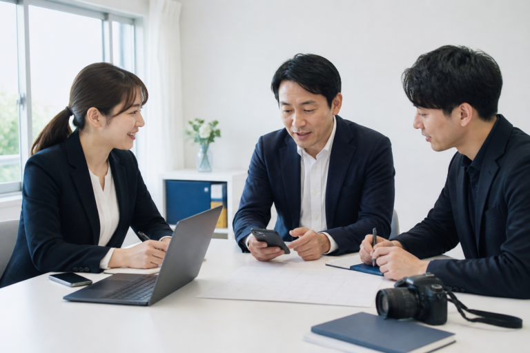 議員事務所でスマートフォンと撮影機材を使いSNS発信計画を確認する広報チーム