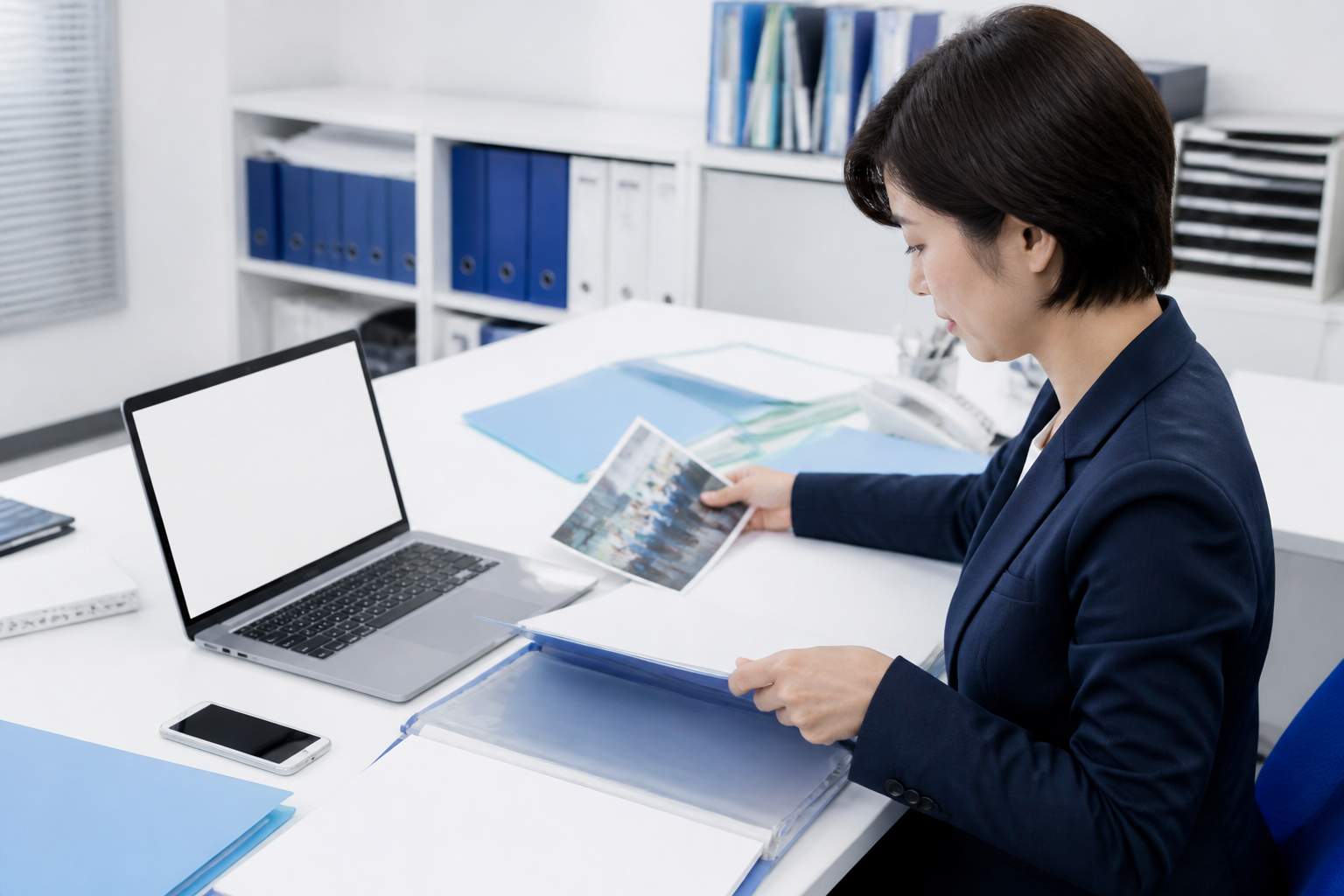 プロフィールと活動実績の素材を整理する事務所スタッフ