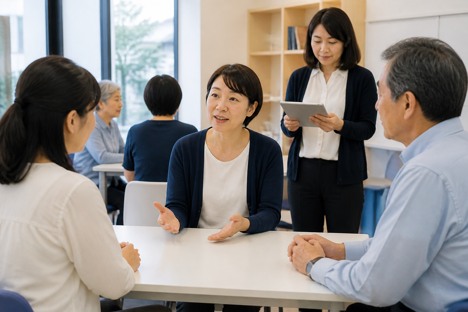 地域住民との対話内容を事務所スタッフが確認する場面