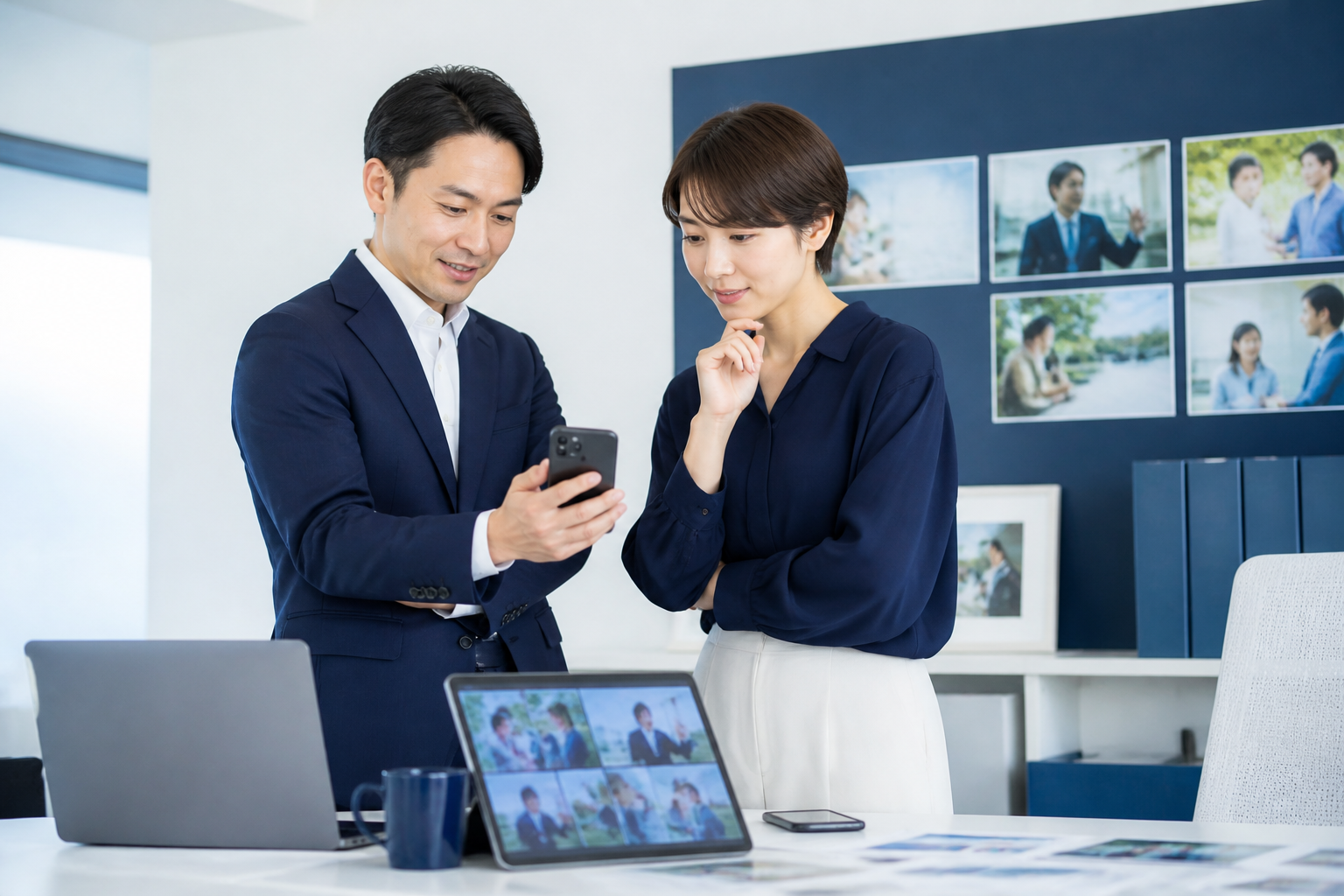 県全体へ届ける共通メッセージを確認する候補者と広報スタッフ