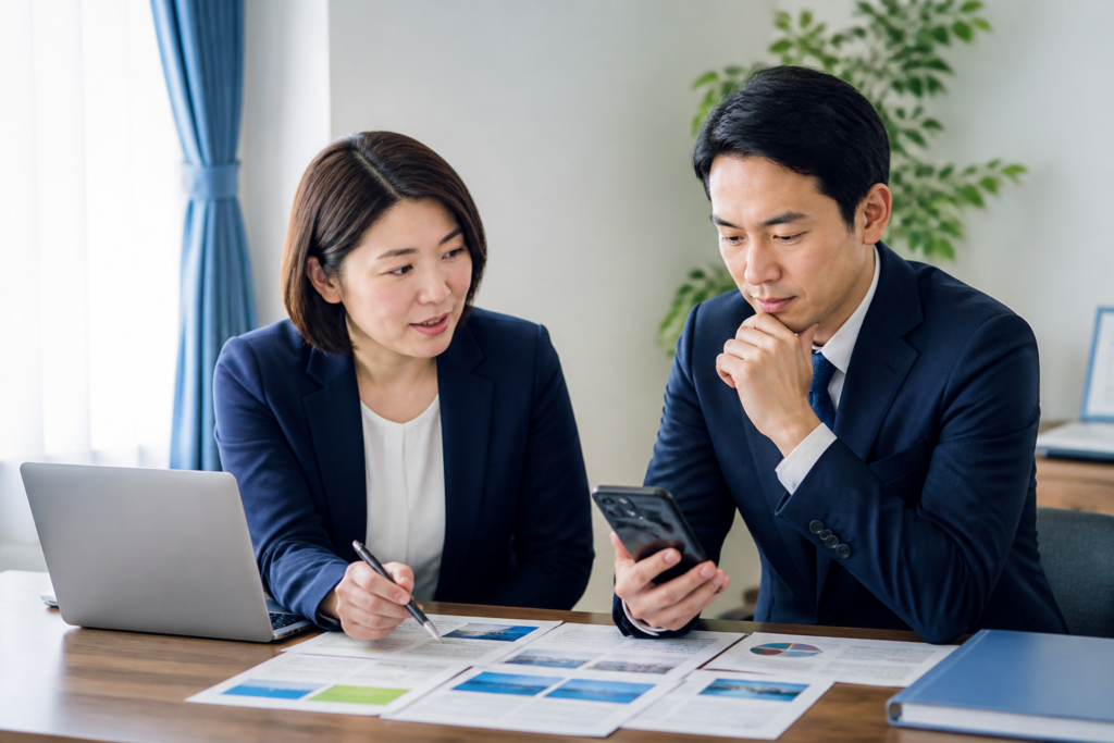 自治体資料とスマートフォンを確認しながら現職候補のSNS投稿を検討する地方議員と広報担当者