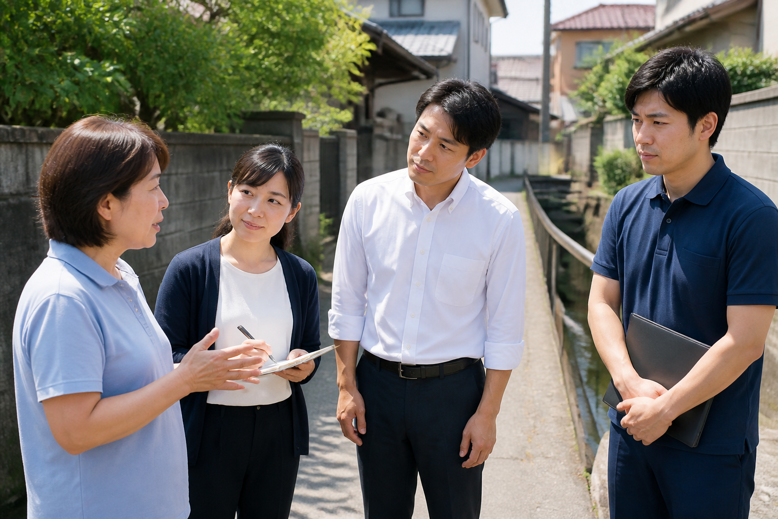 住宅街で住民の困りごとを聞き現場を確認する地方議員とスタッフ