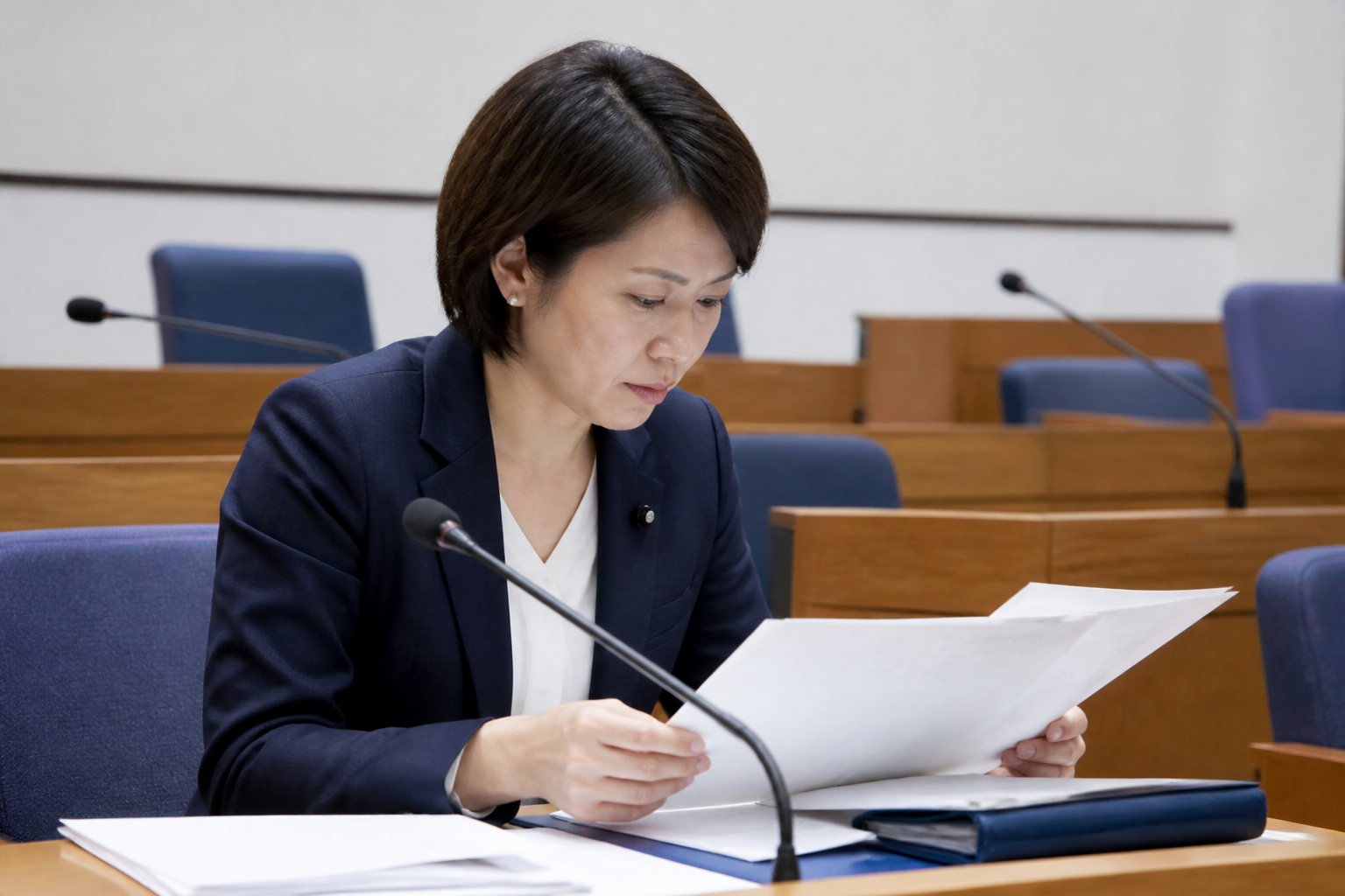 地方議会の会議室で住民課題に関する質問資料を確認する地方議員