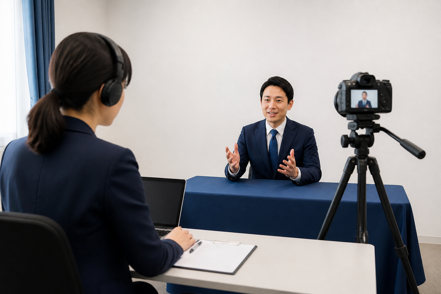 後から切り出しやすい構図で政策説明動画を撮影する様子