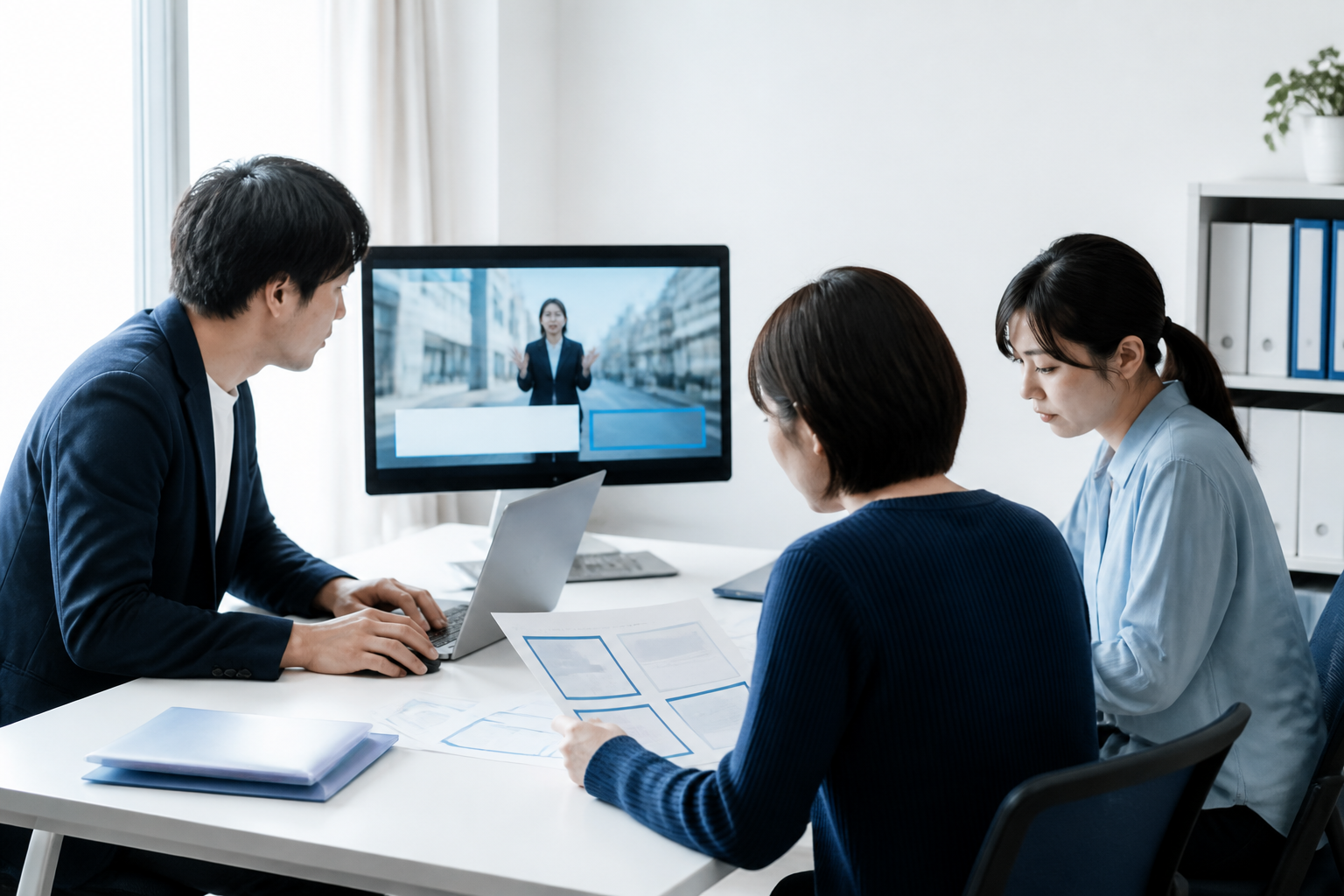 ショート動画の内容と字幕を分担して公開前確認する議員事務所スタッフ