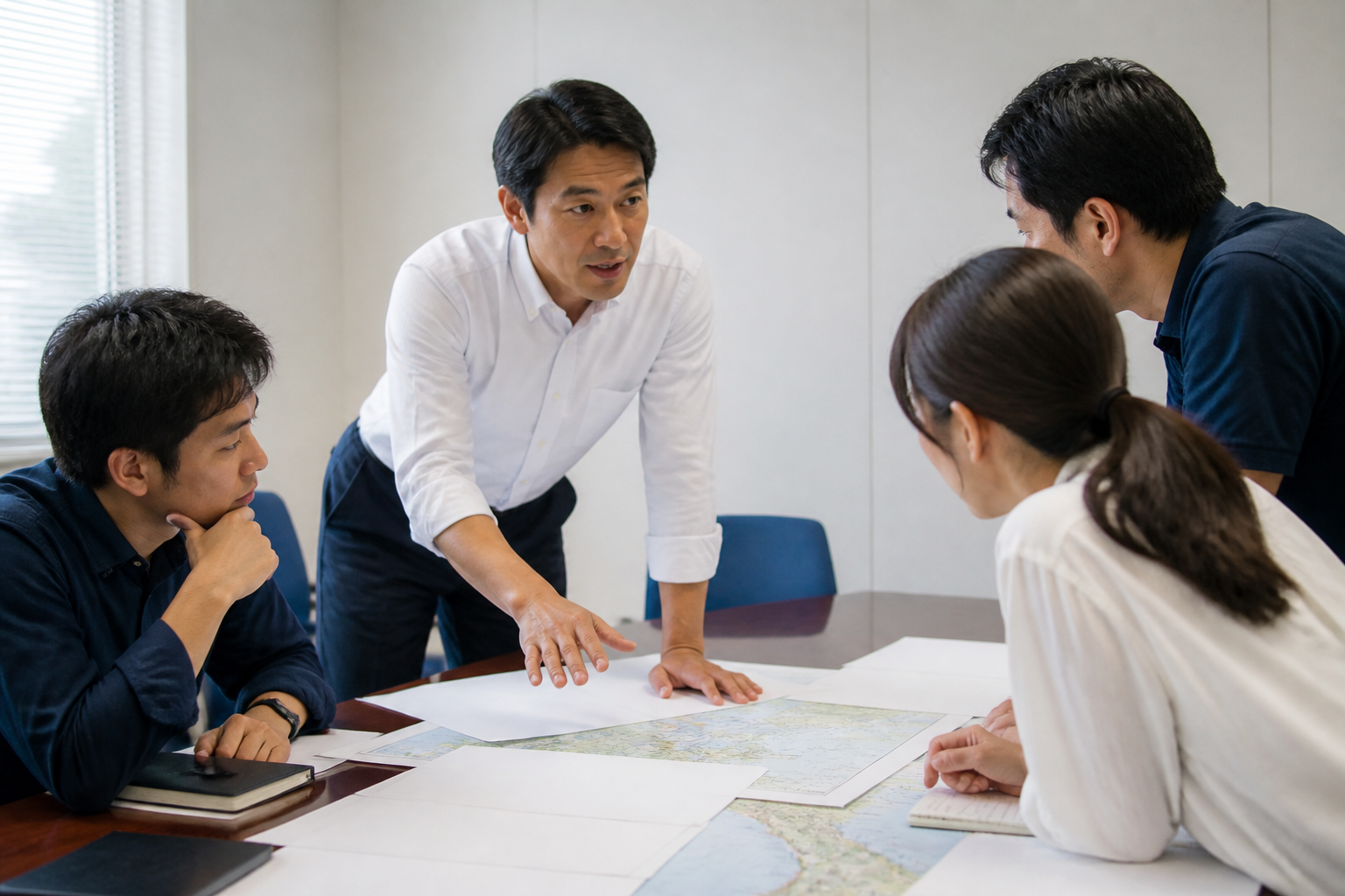 地域課題を俯瞰しながら市長選挙の政策分野を整理する候補者とスタッフ