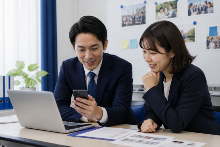 新人候補と広報スタッフが地域事務所でネット発信の計画を確認する様子