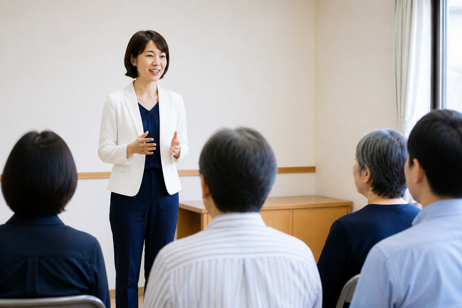 新人候補が地域住民へ自己紹介する様子