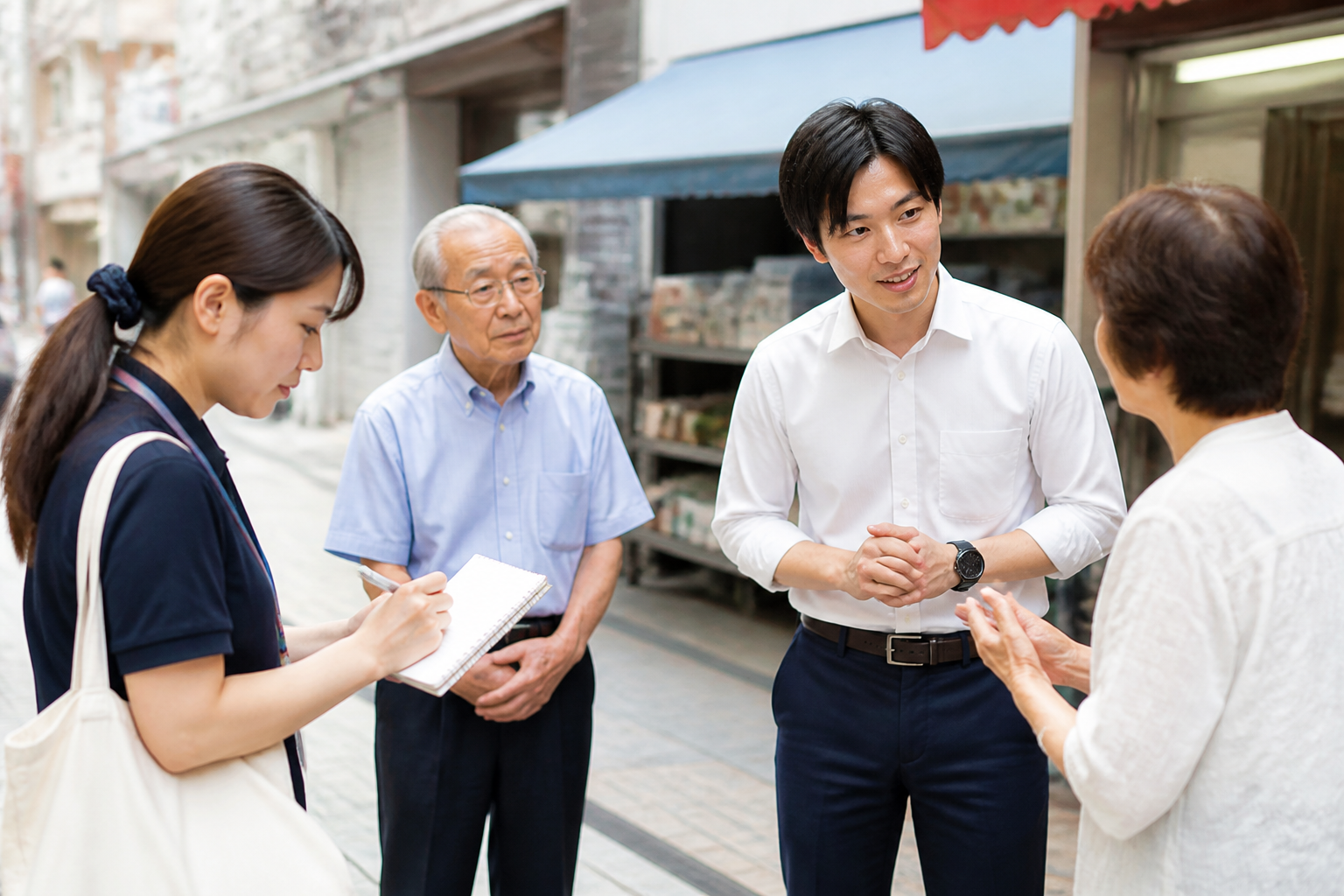 新人候補が地域住民から課題を聞き取る様子