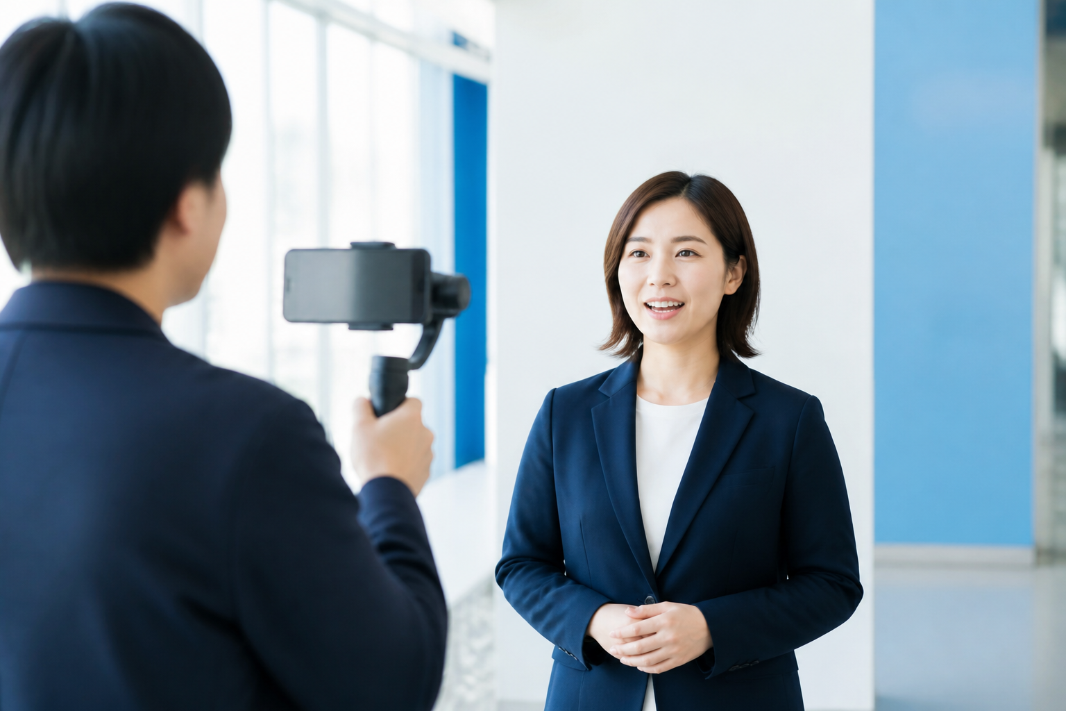 スタッフがスマートフォンで新人候補の短尺動画を撮影する様子
