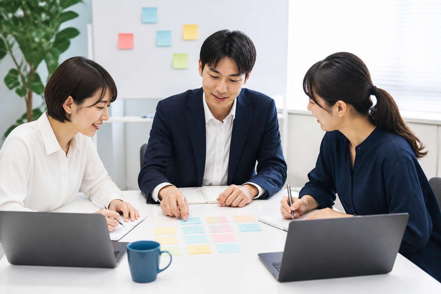 新人候補と広報スタッフが週間投稿計画を相談する様子