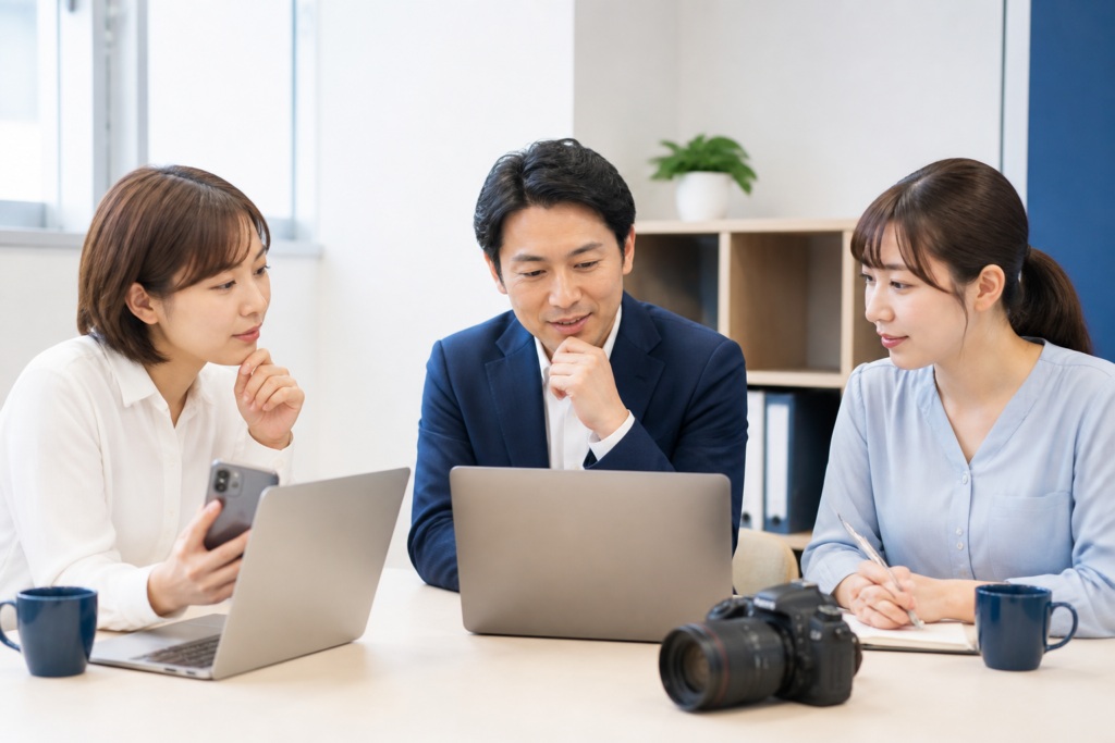 地方議員事務所でSNSの媒体選定と役割分担を話し合う候補者と広報スタッフ