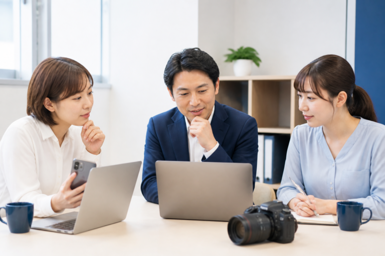 地方議員事務所でSNSの媒体選定と役割分担を話し合う候補者と広報スタッフ