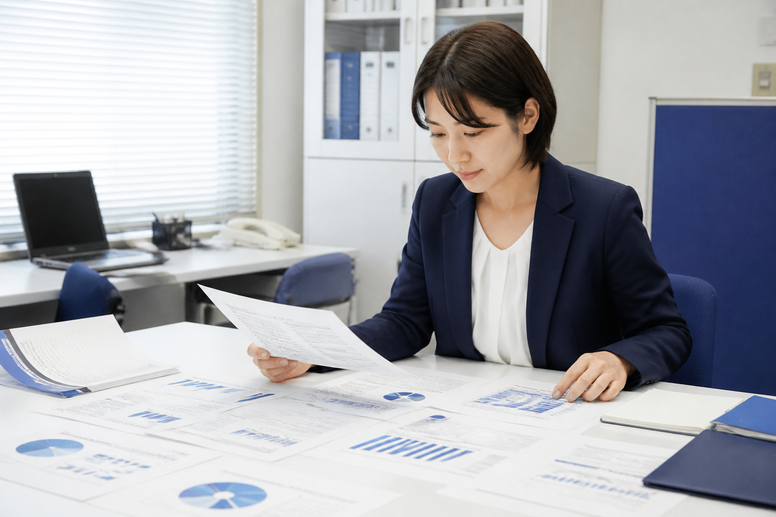 情報量の多い政策資料を確認する議員事務所の広報担当者
