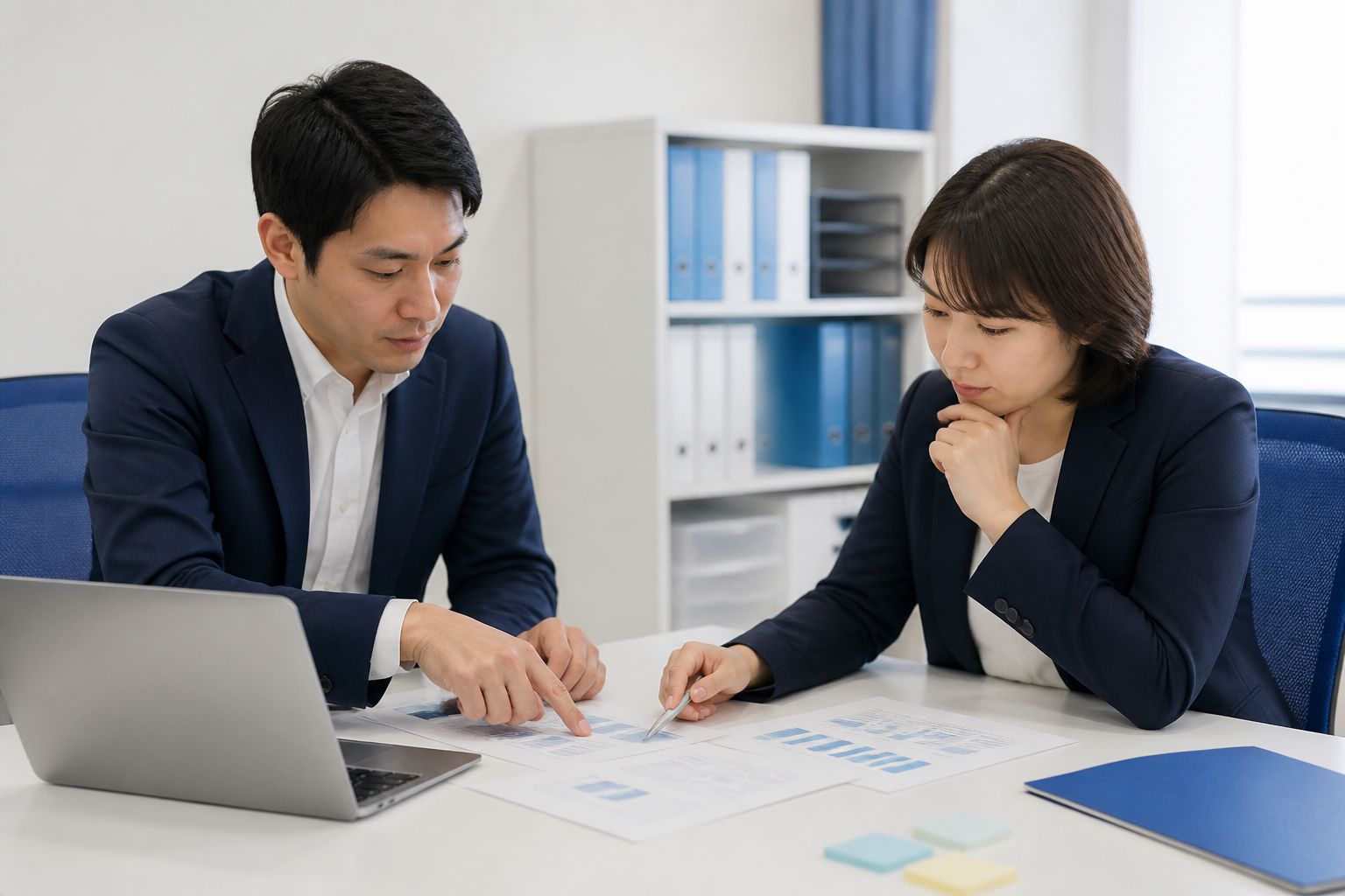 政策資料からSNS投稿に残す情報を選ぶ事務所スタッフ