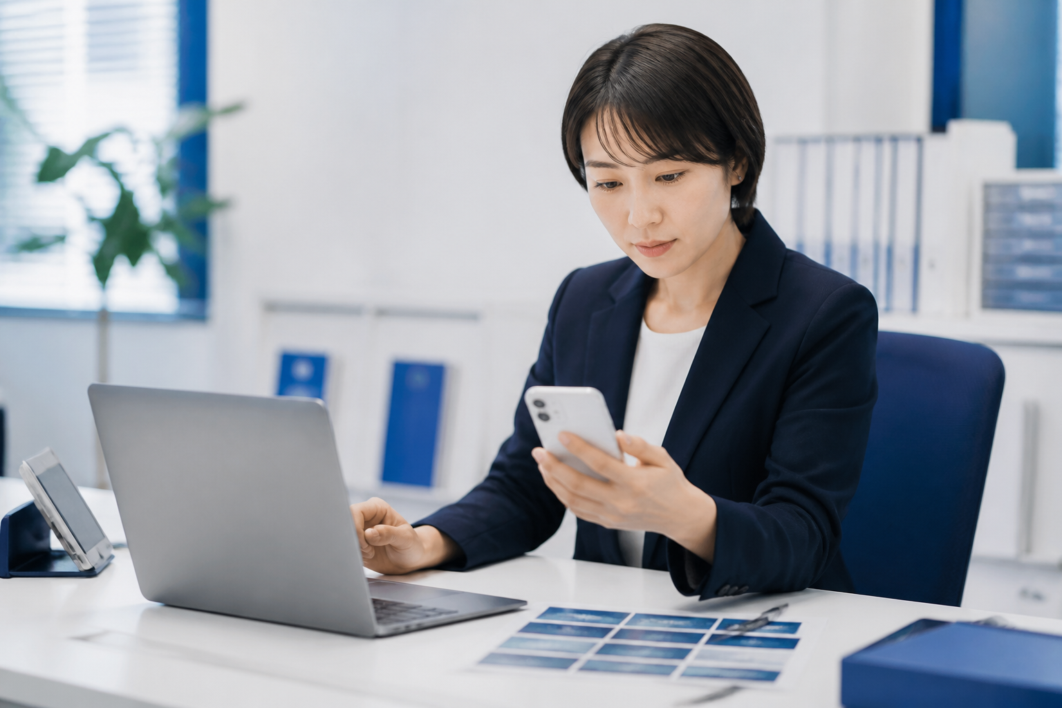 パソコンとスマートフォンで媒体別の投稿案を確認する広報担当者
