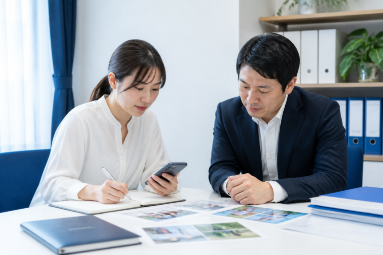 現場訪問のメモを確認しながら住民目線の活動報告を作成する地方議員と広報担当者