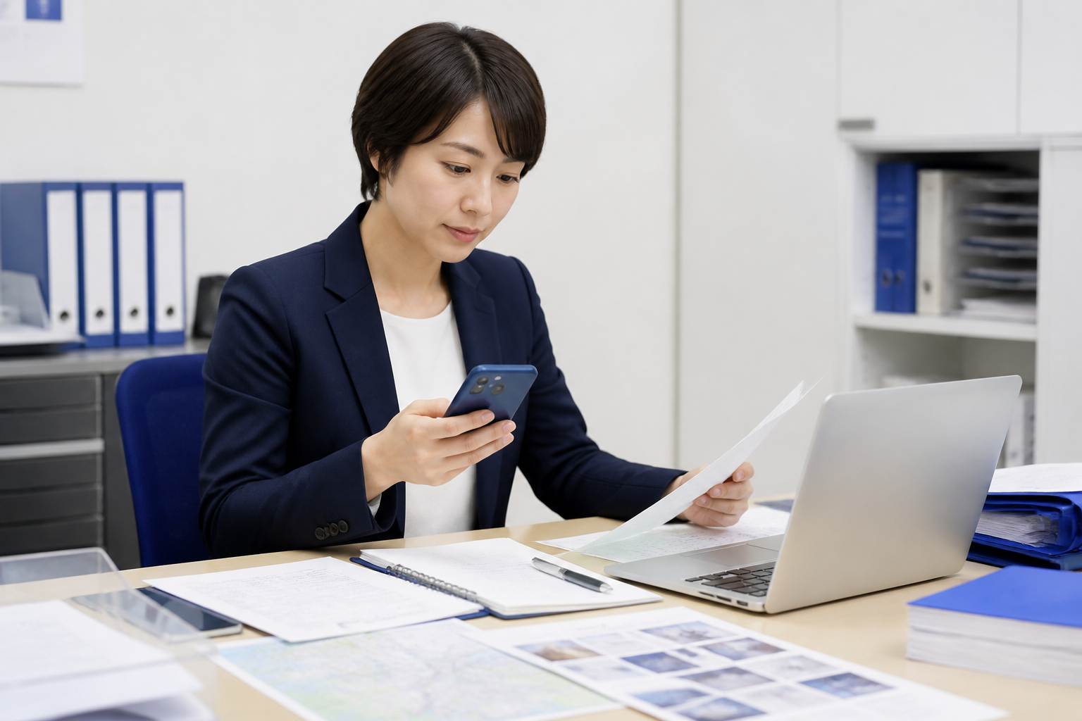 自治体資料と現場メモを照合して活動報告の事実を確認する担当者