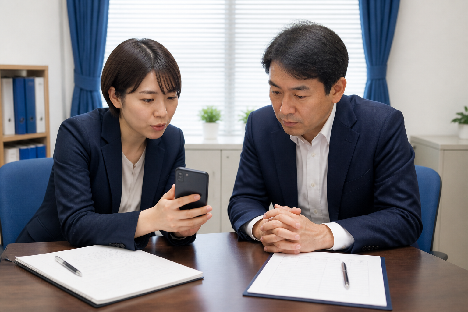 住民への影響と今後の対応を確認してSNS投稿を仕上げる広報担当者