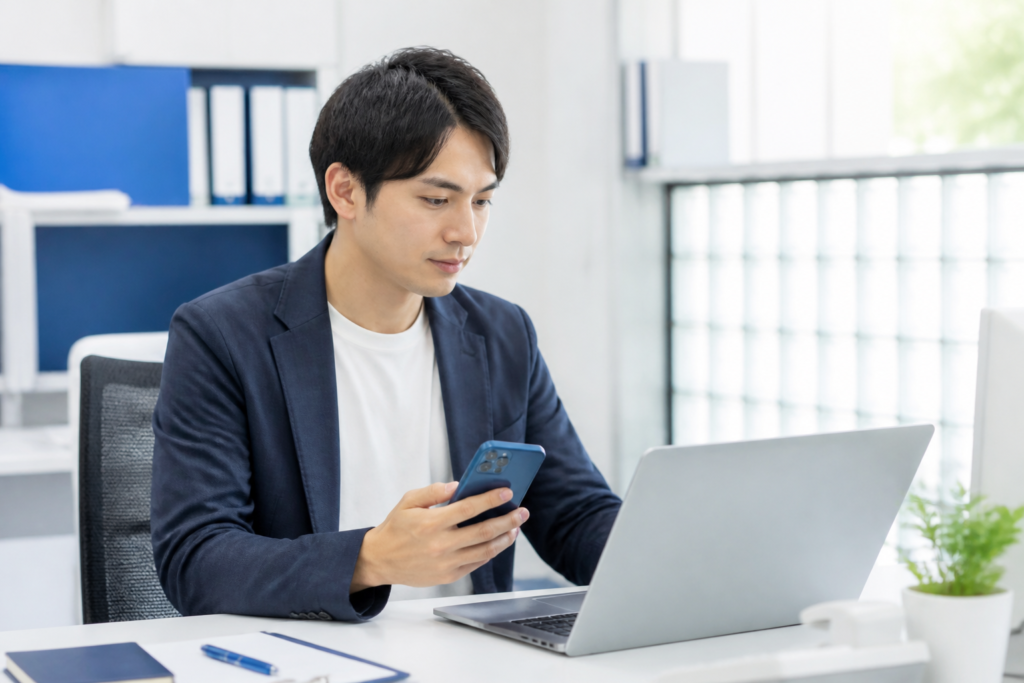 政治活動の公式ホームページをパソコンとスマートフォンで確認する広報担当者