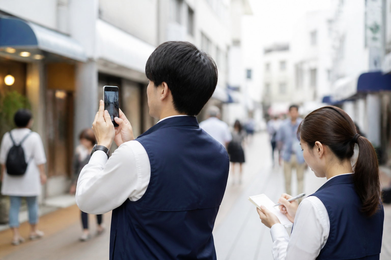 地域訪問で動画、写真、メモを収集する政治活動スタッフ