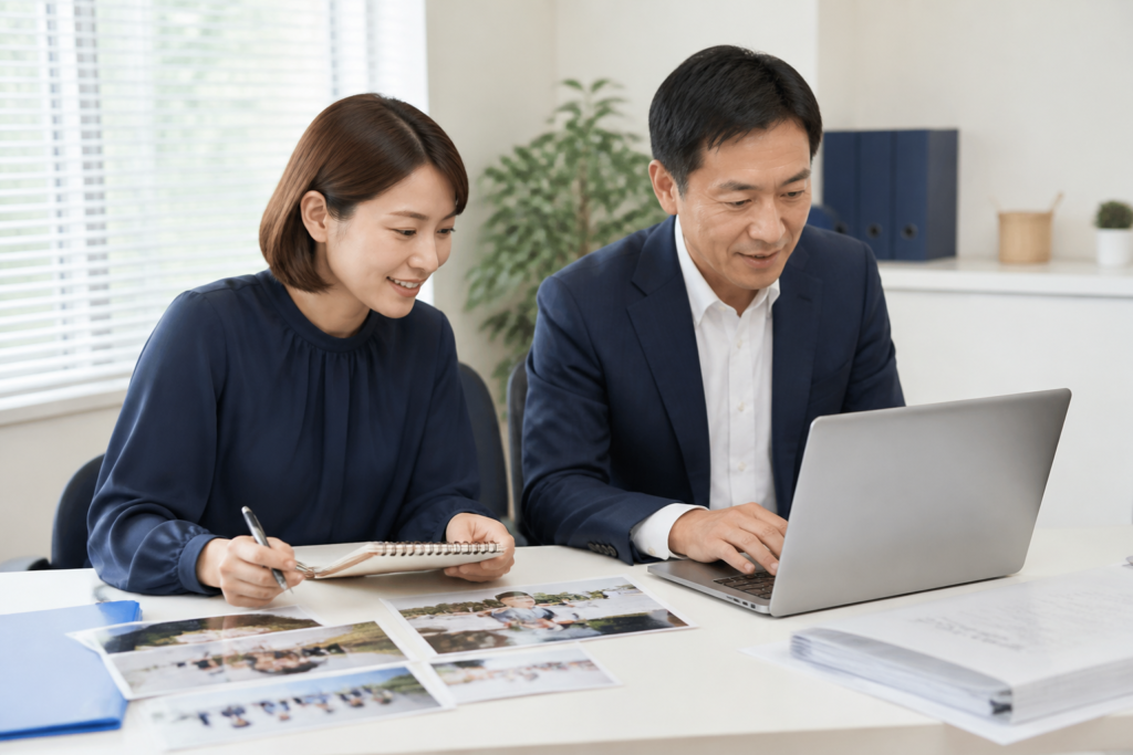 過去の視察や地域訪問の記録を整理し、SNS投稿を作成する地方議員と広報担当者