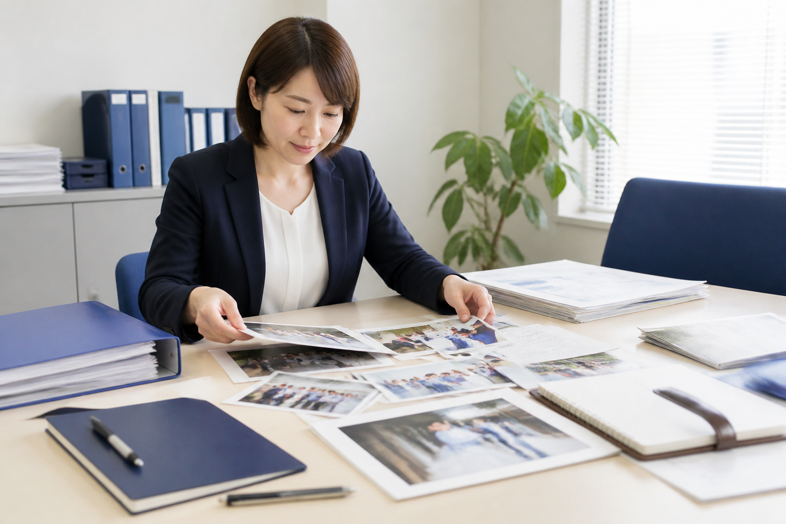 過去の地域訪問や議会活動の資料を棚卸しする広報担当者