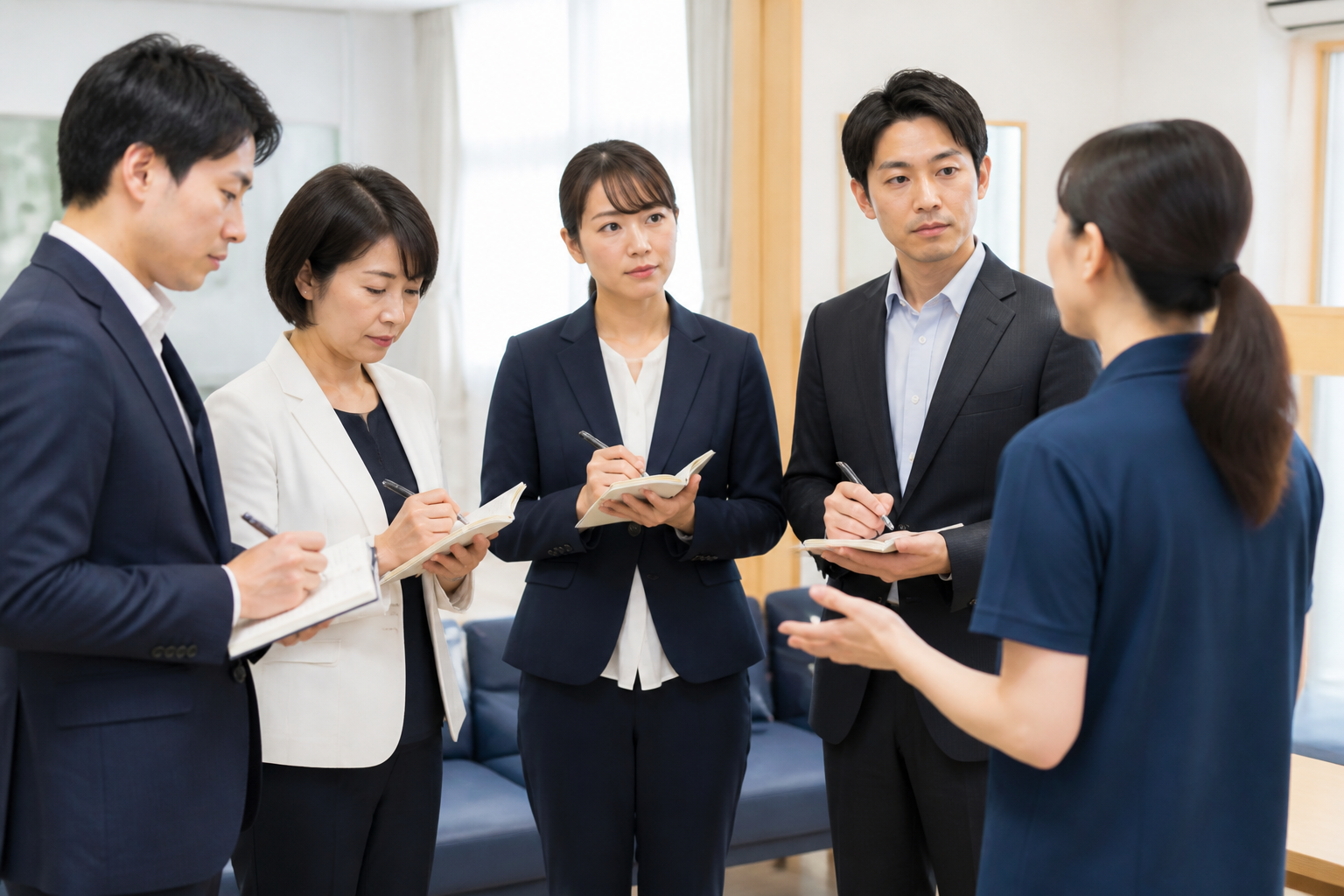 地域施設で説明を聞き活動報告の要点を記録する地方議員とスタッフ