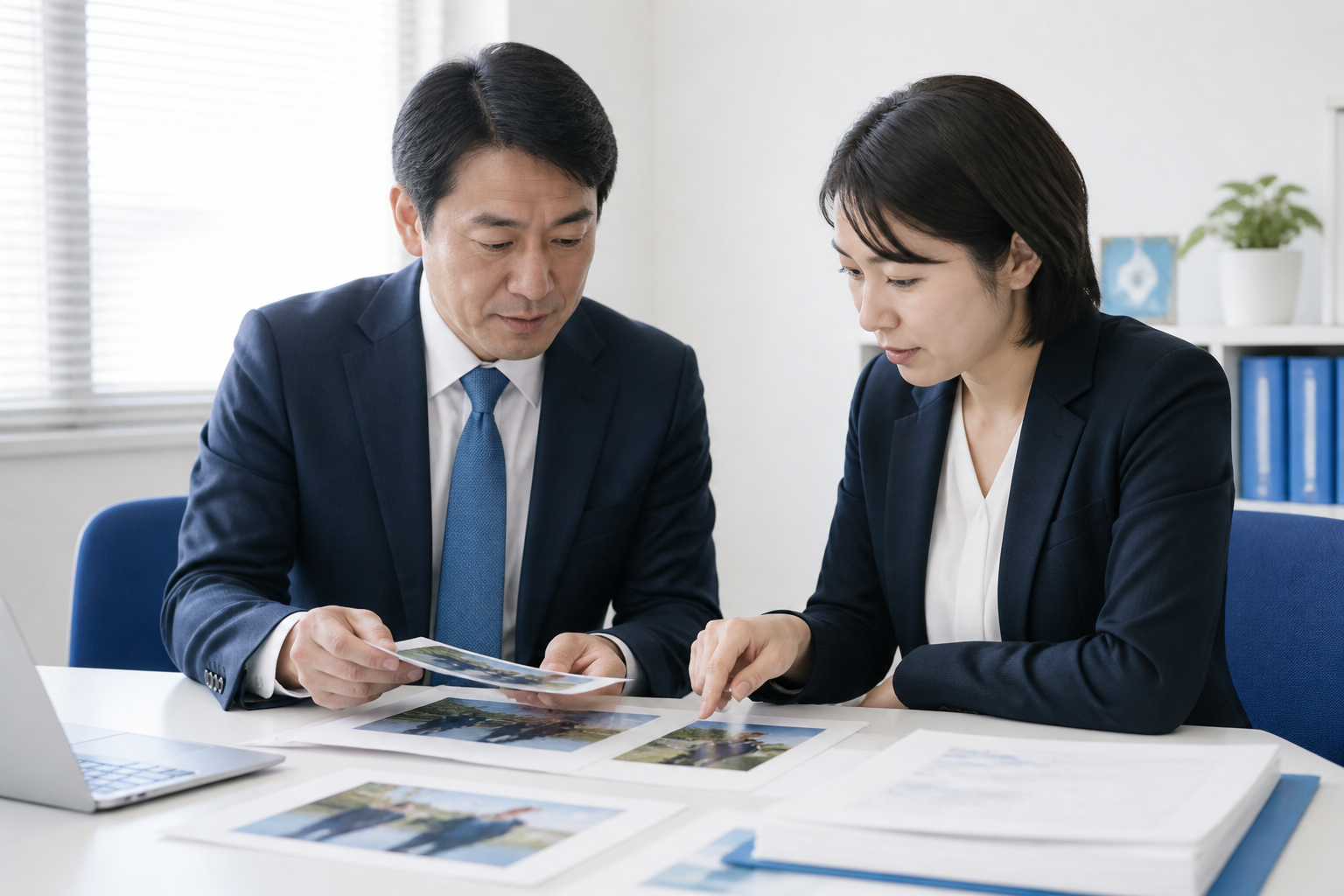 SNS投稿の公開前に写真と活動記録を確認する地方議員と広報担当者