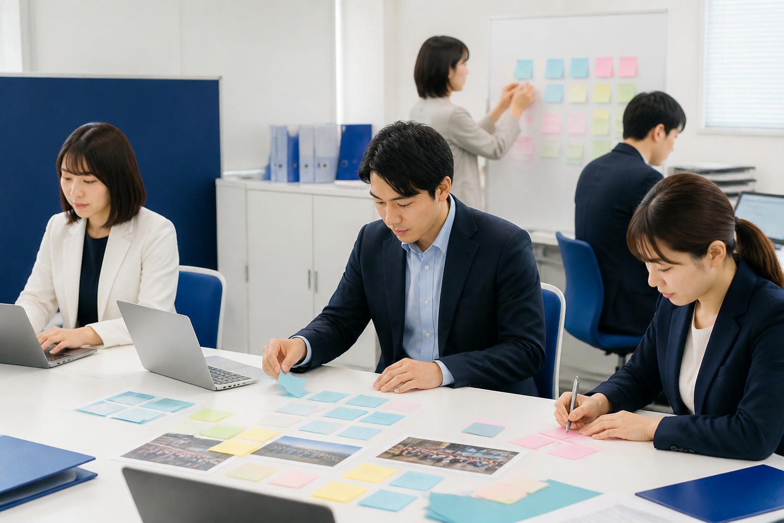 地域・政策・活動の観点から広報素材を整理する事務所スタッフ