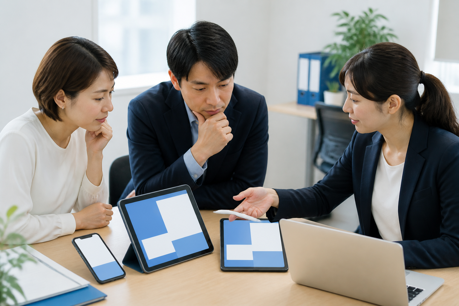 複数のデジタル媒体に合わせて広報素材を確認するスタッフ