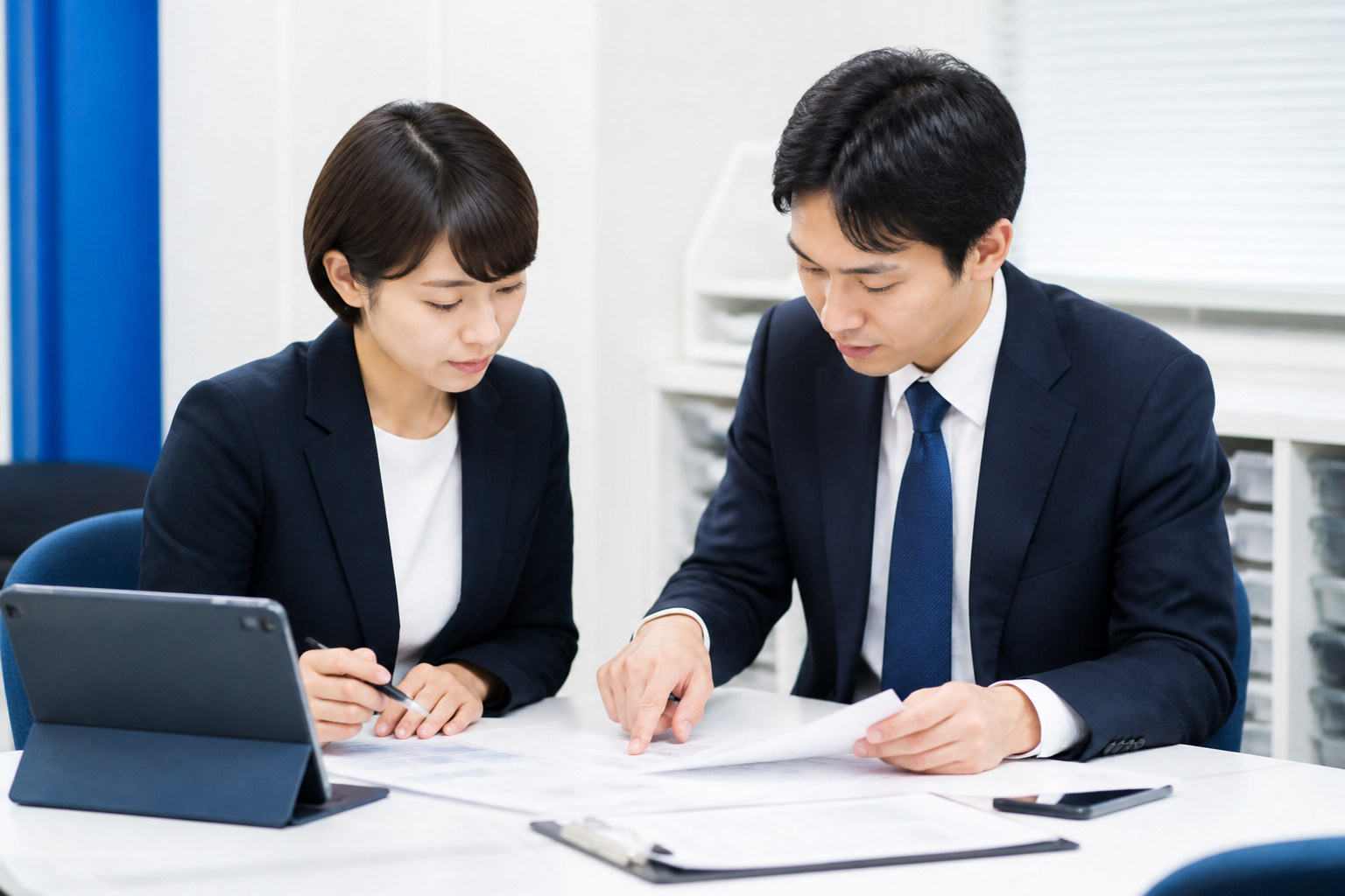 投稿前に法令や表現のチェック項目を確認する候補者とスタッフ