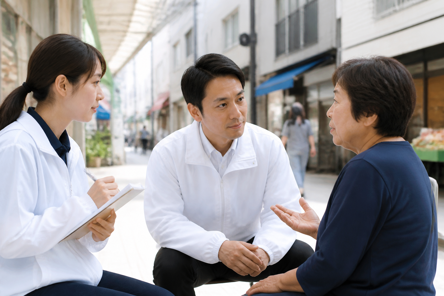 地域住民から生活上の課題を聞き取る候補者とスタッフ